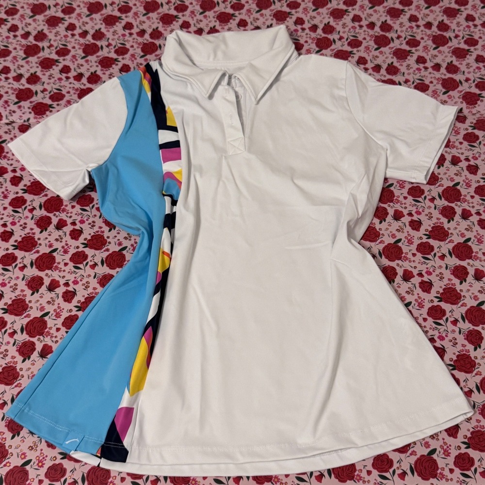 SwingDish‎ Womens Golf Polo Shirt White Blue Geometric Short Sleeve 
v2